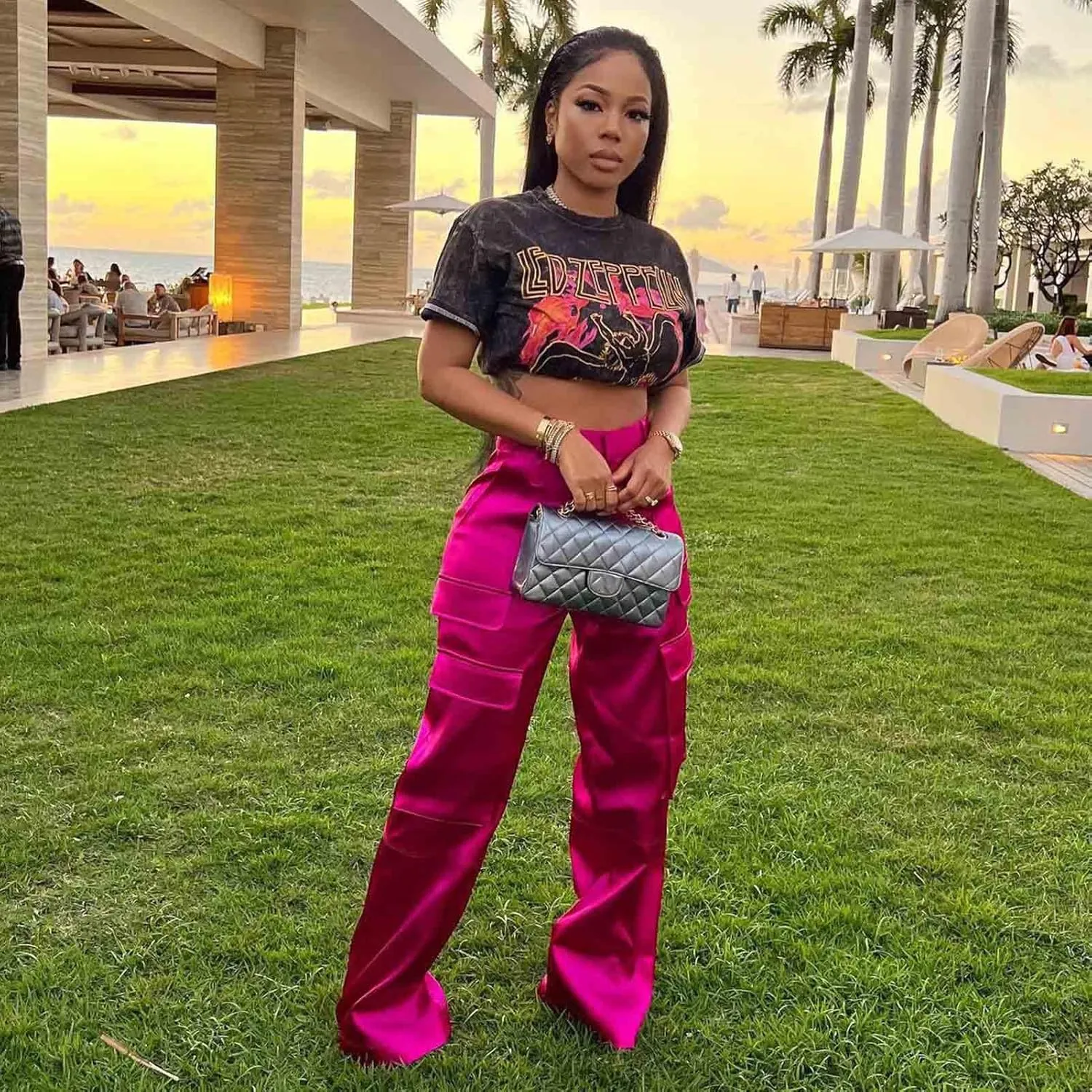 ODIZLI Satin Cargo Pants for Women High Waisted Wide Leg Trousers Multiple Pockets Y2K Streetwear Hip Hop Baggy Pants