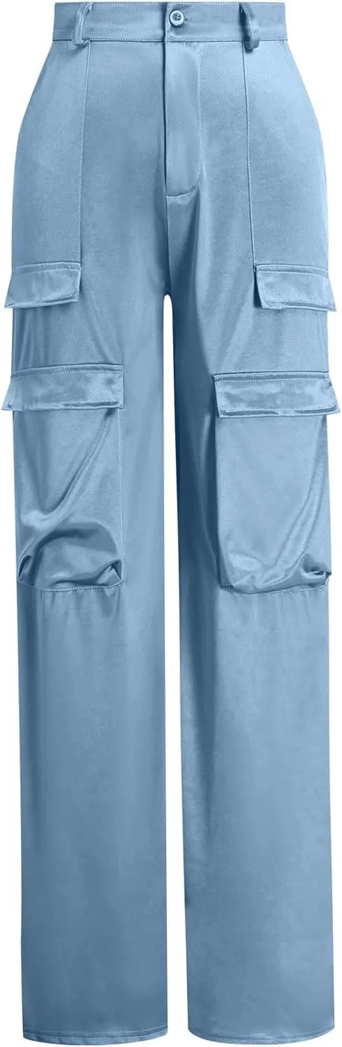 ODIZLI Satin Cargo Pants for Women High Waisted Wide Leg Trousers Multiple Pockets Y2K Streetwear Hip Hop Baggy Pants