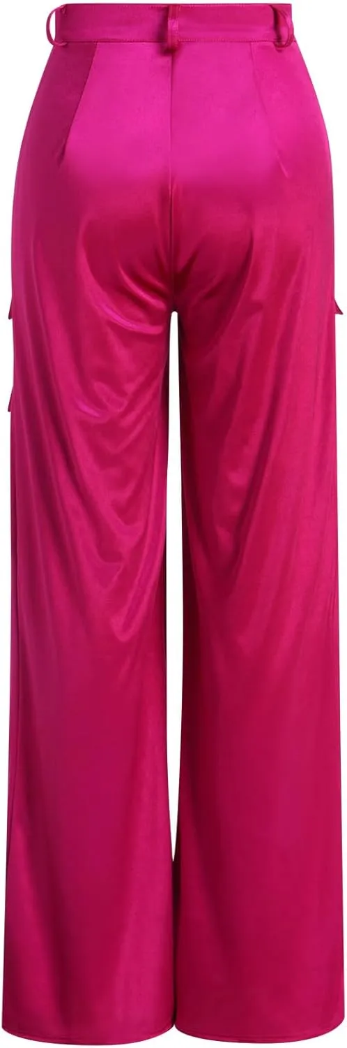 ODIZLI Satin Cargo Pants for Women High Waisted Wide Leg Trousers Multiple Pockets Y2K Streetwear Hip Hop Baggy Pants