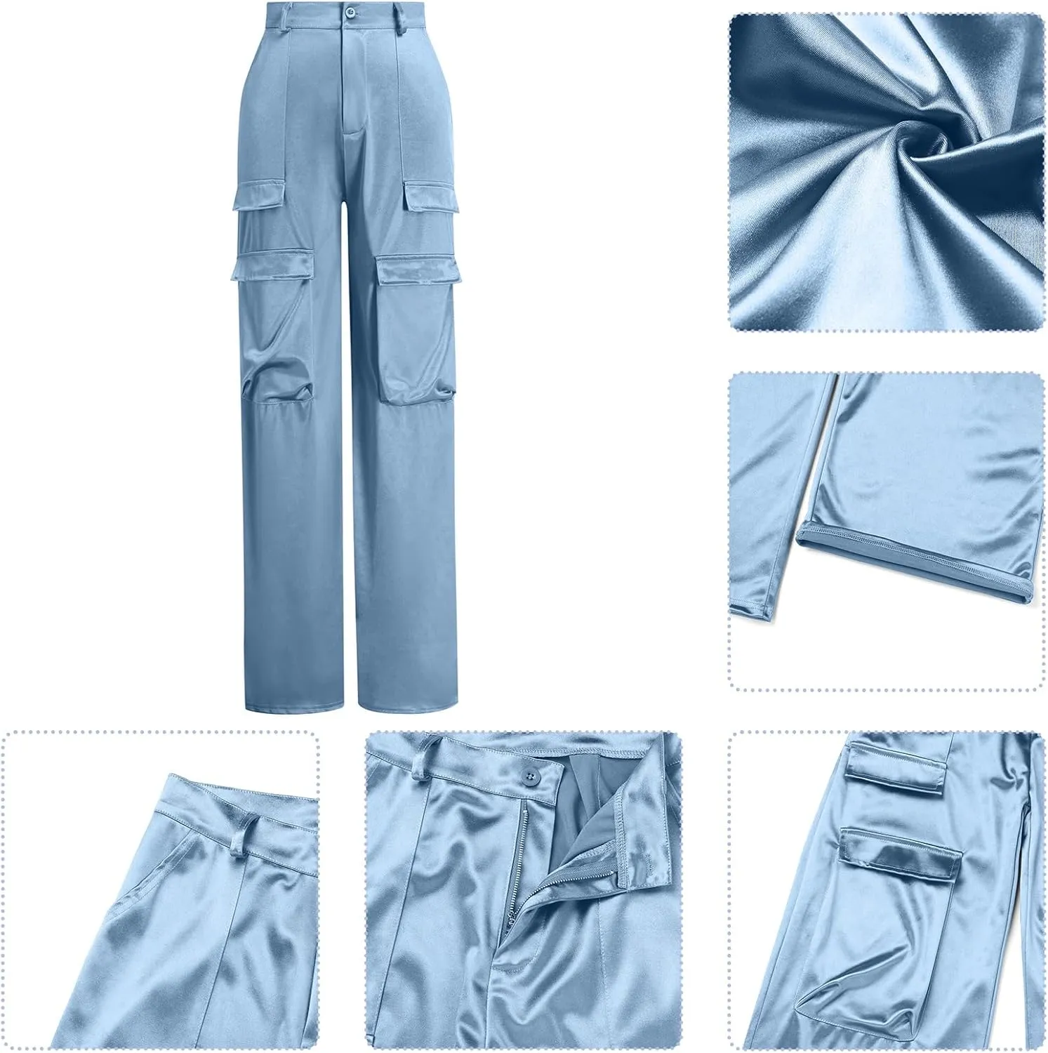 ODIZLI Satin Cargo Pants for Women High Waisted Wide Leg Trousers Multiple Pockets Y2K Streetwear Hip Hop Baggy Pants