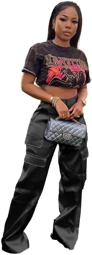 ODIZLI Satin Cargo Pants for Women High Waisted Wide Leg Trousers Multiple Pockets Y2K Streetwear Hip Hop Baggy Pants