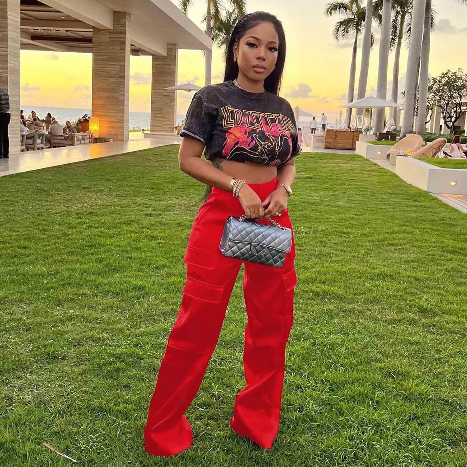 ODIZLI Satin Cargo Pants for Women High Waisted Wide Leg Trousers Multiple Pockets Y2K Streetwear Hip Hop Baggy Pants