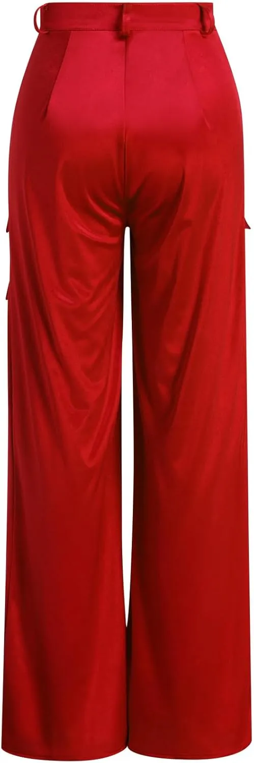 ODIZLI Satin Cargo Pants for Women High Waisted Wide Leg Trousers Multiple Pockets Y2K Streetwear Hip Hop Baggy Pants