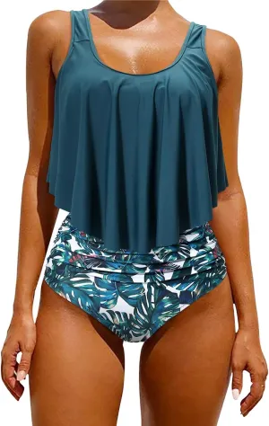 OMKAGI Women's Ruffle Bikini Swimsuit High Waisted Bottom Plus Size Swimwear Tankini