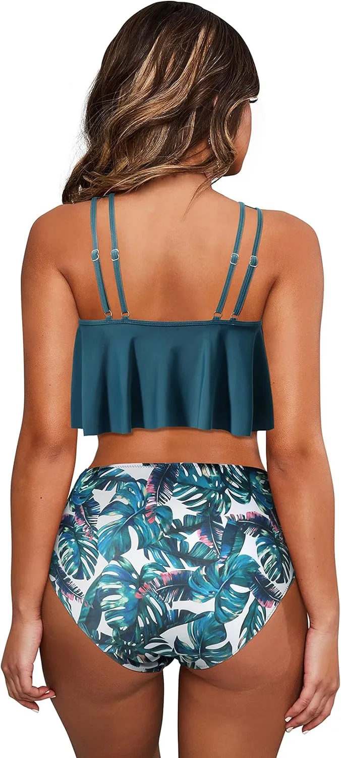 OMKAGI Women's Ruffle Bikini Swimsuit High Waisted Bottom Plus Size Swimwear Tankini