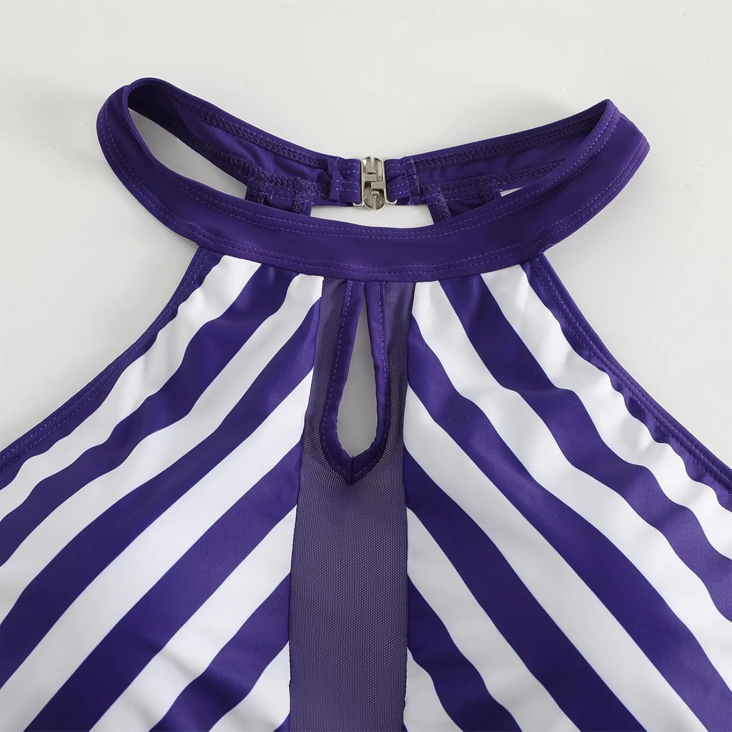Oplxuo Women's Sexy One Piece Swimsuit Keyhole Neck Sheer Mesh Striped Swimwear Tommy Control Monokini Bathing Suit