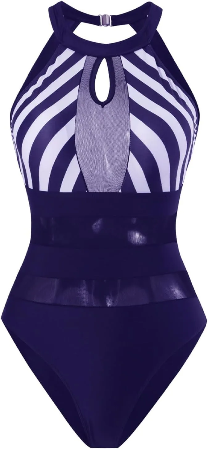 Oplxuo Women's Sexy One Piece Swimsuit Keyhole Neck Sheer Mesh Striped Swimwear Tommy Control Monokini Bathing Suit