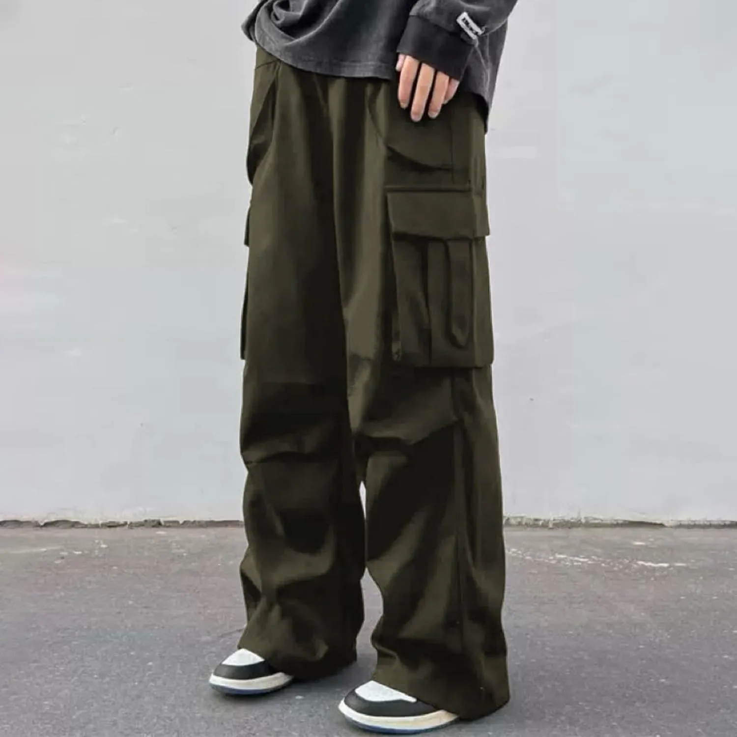 Outdoor Trousers for Men Casual Fashion Stretch Drawstring Pants Solid Color Loose Fit Comfy Pant with Multi Pockets