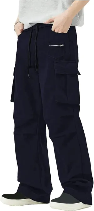 Outdoor Trousers for Men Casual Fashion Stretch Drawstring Pants Solid Color Loose Fit Comfy Pant with Multi Pockets