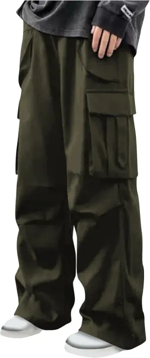 Outdoor Trousers for Men Casual Fashion Stretch Drawstring Pants Solid Color Loose Fit Comfy Pant with Multi Pockets