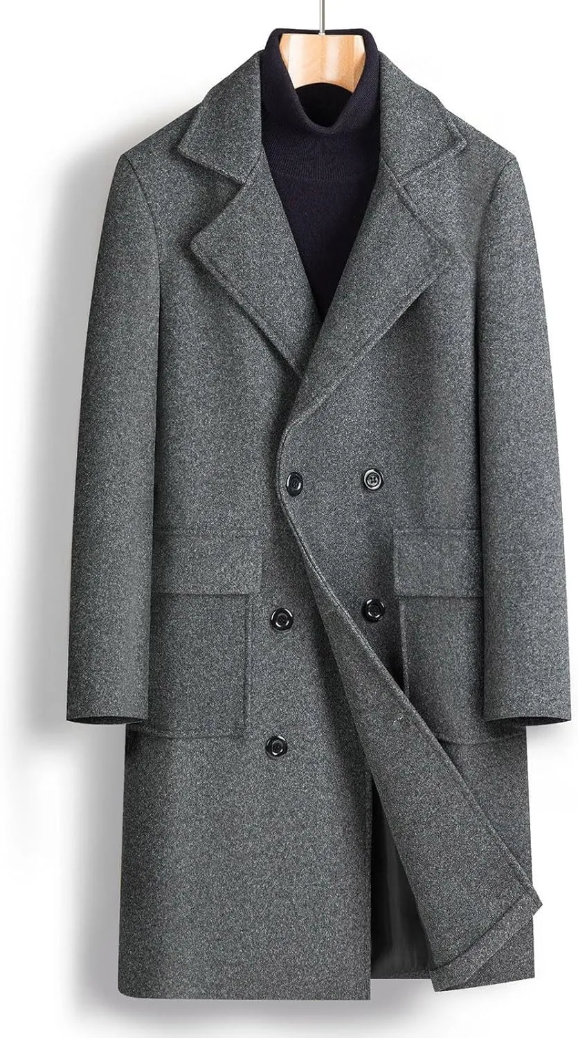 Overcoat Trench Coat Men Double Breasted Warm Woolen Cloth Jacket Long Coat Thickened Notch Lapel Outdoor Trench Coat