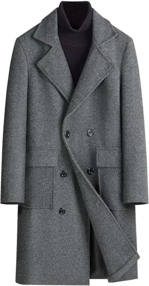 Overcoat Trench Coat Men Double Breasted Warm Woolen Cloth Jacket Long Coat Thickened Notch Lapel Outdoor Trench Coat