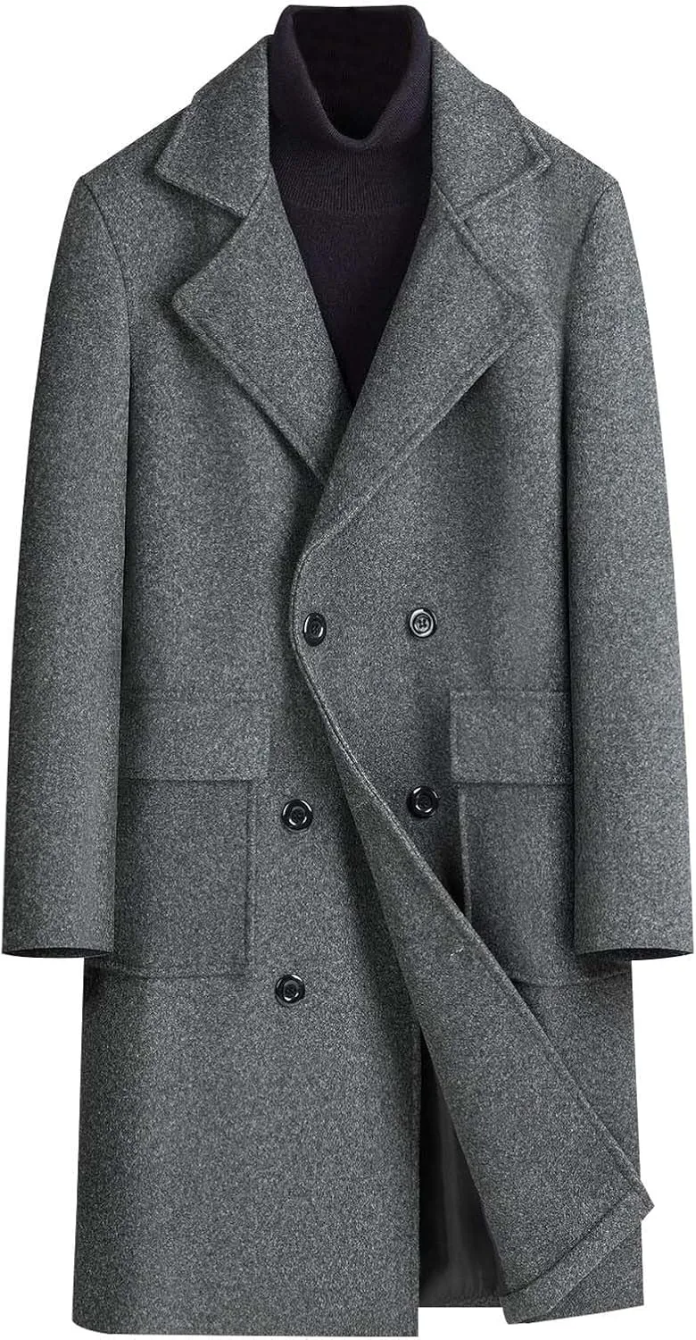 Overcoat Trench Coat Men Double Breasted Warm Woolen Cloth Jacket Long Coat Thickened Notch Lapel Outdoor Trench Coat