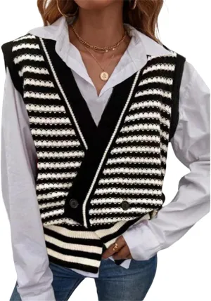 Oversized V Neck Knit Sweater Vest for Women Sleeveless Button Down Tunic Pullover Waistcoat Tops Basic Winter Gilet