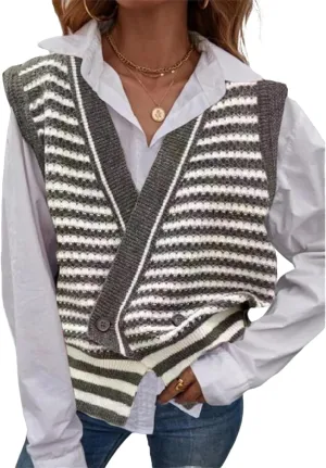 Oversized V Neck Knit Sweater Vest for Women Sleeveless Button Down Tunic Pullover Waistcoat Tops Basic Winter Gilet