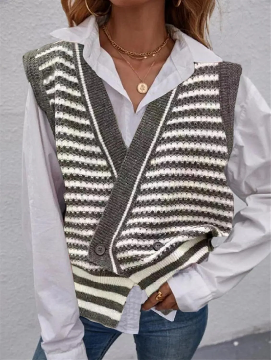 Oversized V Neck Knit Sweater Vest for Women Sleeveless Button Down Tunic Pullover Waistcoat Tops Basic Winter Gilet