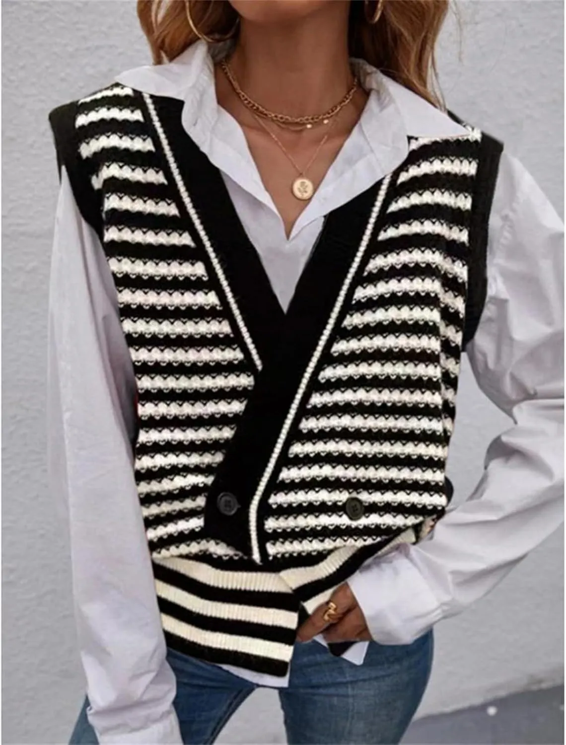 Oversized V Neck Knit Sweater Vest for Women Sleeveless Button Down Tunic Pullover Waistcoat Tops Basic Winter Gilet