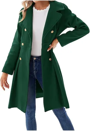 Pea Coats for Women Long Trench Coat Wool Blend Notched Lapel Collar Double Breasted Fall Winter Overcoat with Pockets