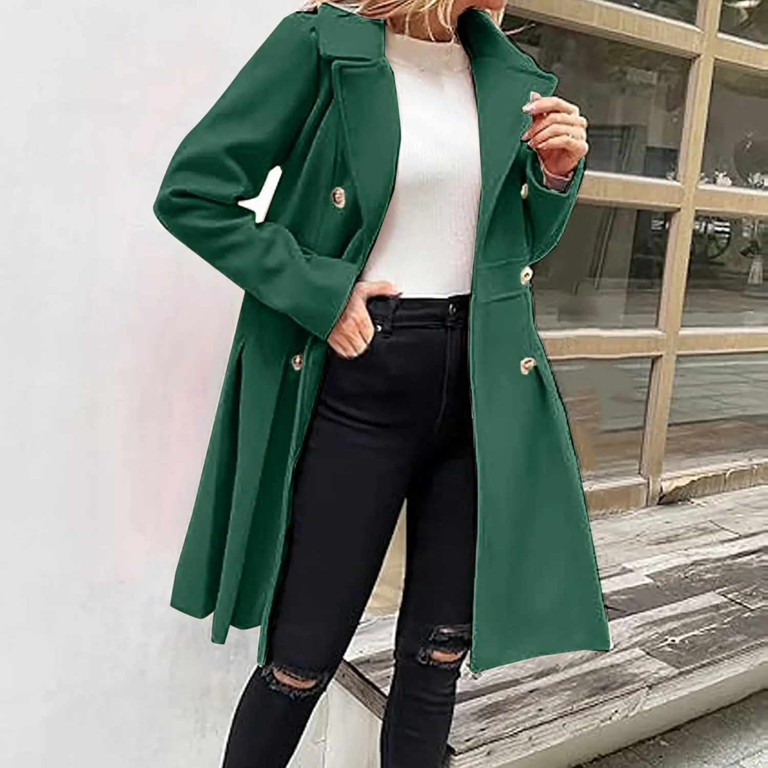 Pea Coats for Women Long Trench Coat Wool Blend Notched Lapel Collar Double Breasted Fall Winter Overcoat with Pockets