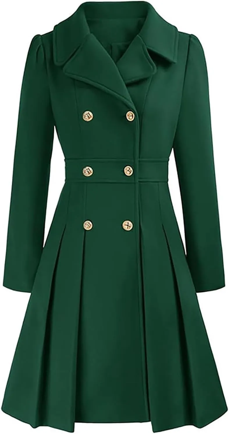 Pea Coats for Women Long Trench Coat Wool Blend Notched Lapel Collar Double Breasted Fall Winter Overcoat with Pockets
