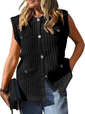 PEHMEA Women's Crochet Chunky Knit Top Sleeveless Button Down Tops Trendy Cardigan Sweater Vest for Women