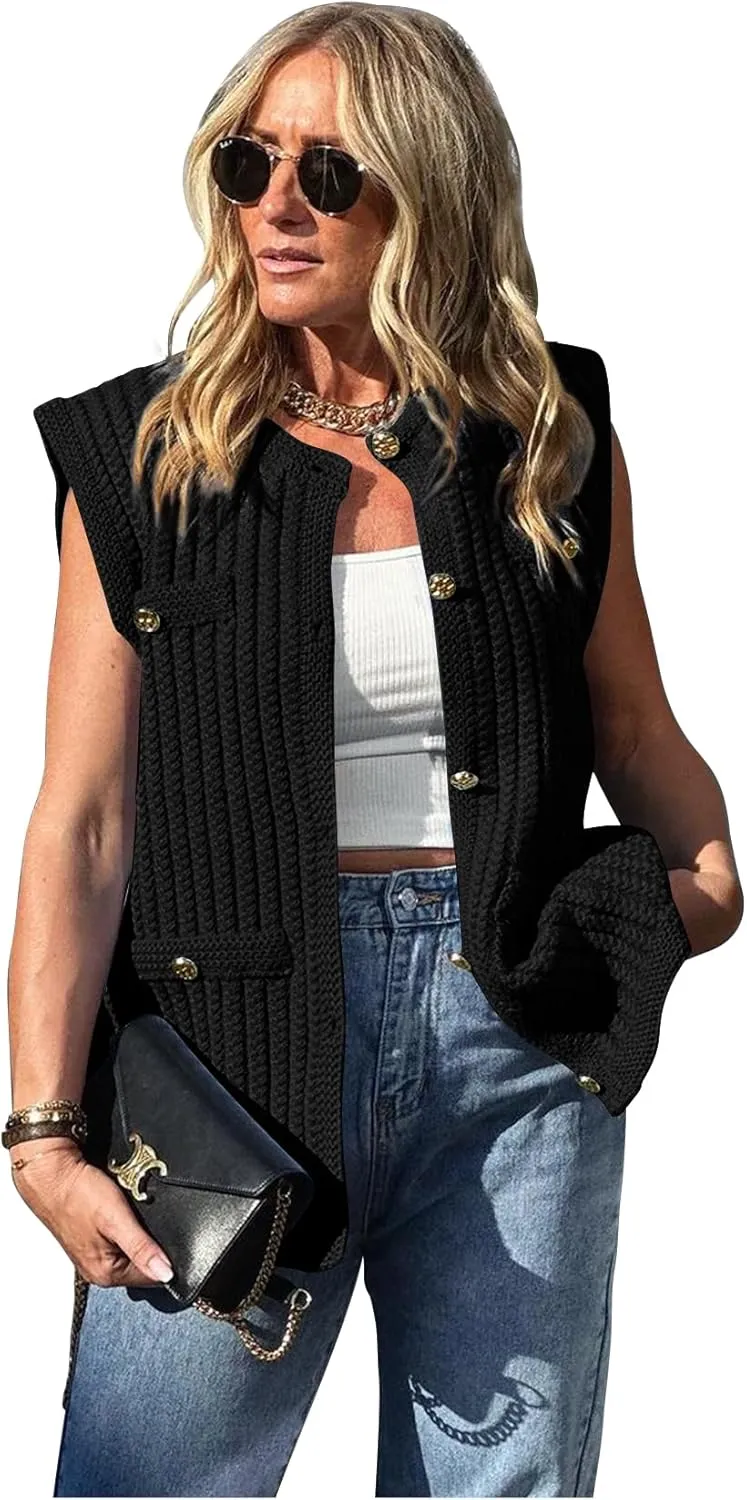PEHMEA Women's Crochet Chunky Knit Top Sleeveless Button Down Tops Trendy Cardigan Sweater Vest for Women