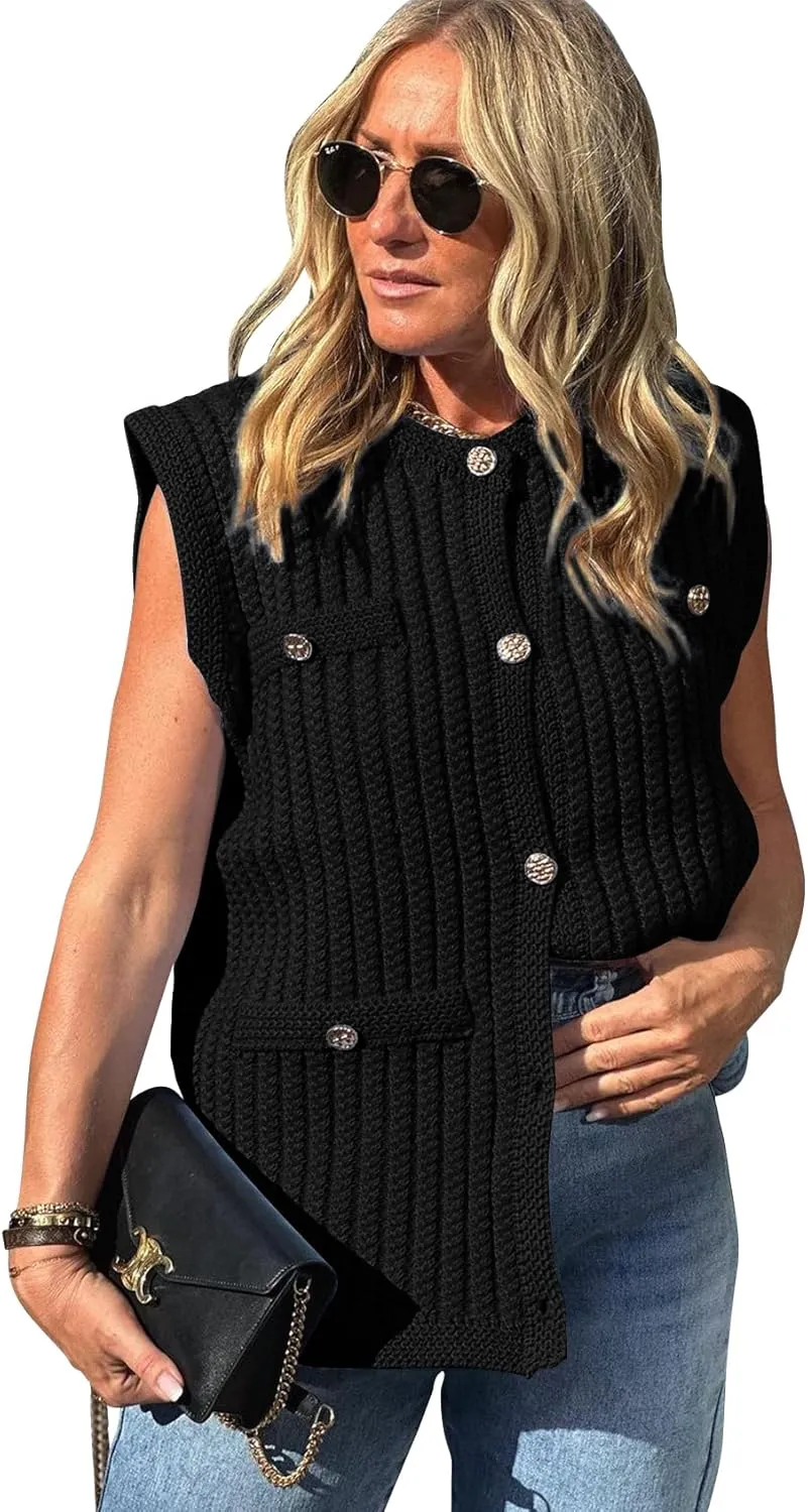 PEHMEA Women's Crochet Chunky Knit Top Sleeveless Button Down Tops Trendy Cardigan Sweater Vest for Women