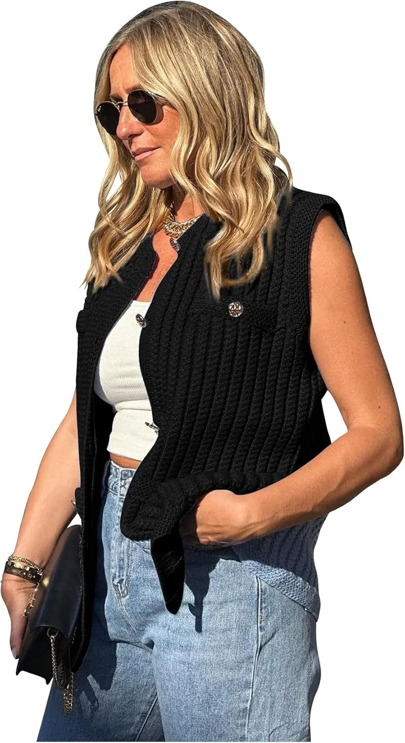 PEHMEA Women's Crochet Chunky Knit Top Sleeveless Button Down Tops Trendy Cardigan Sweater Vest for Women