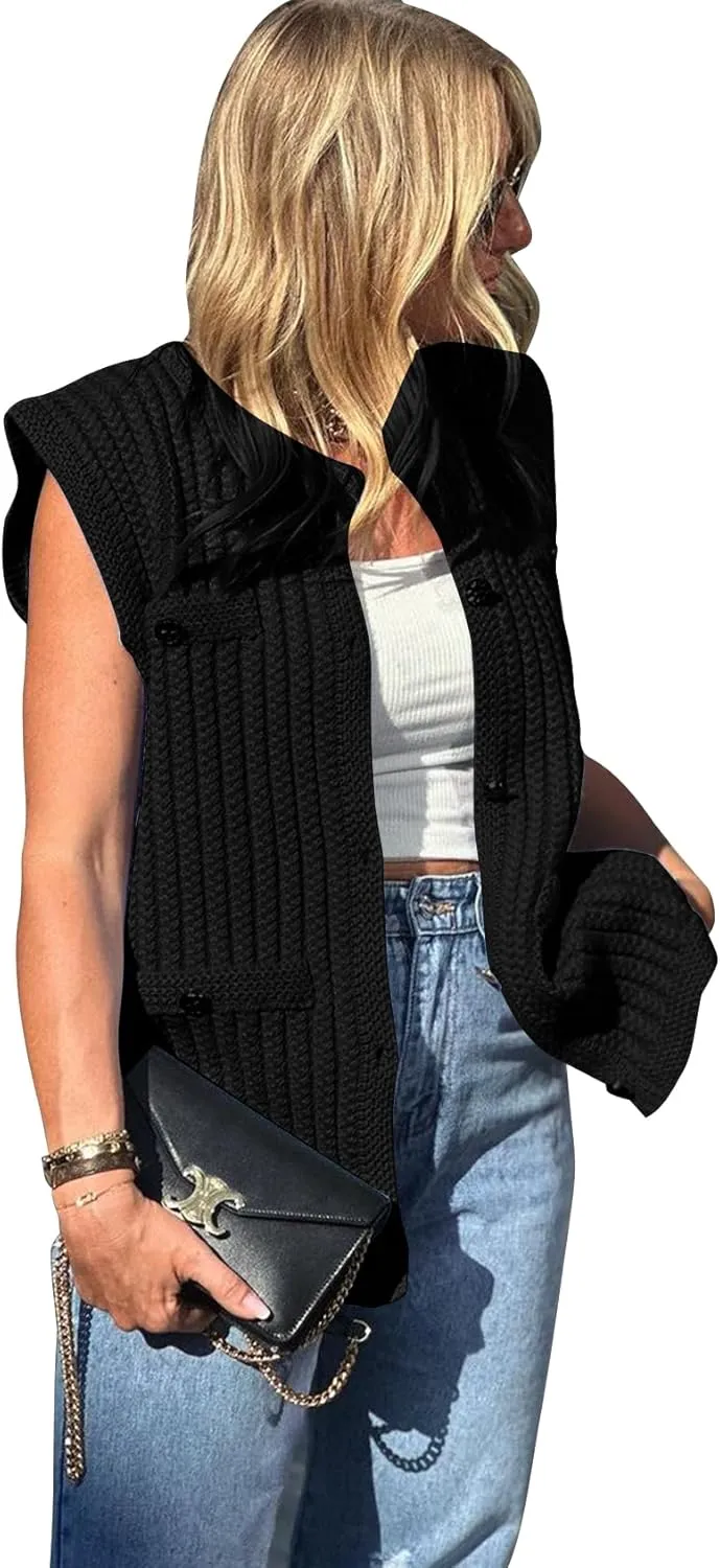 PEHMEA Women's Crochet Chunky Knit Top Sleeveless Button Down Tops Trendy Cardigan Sweater Vest for Women
