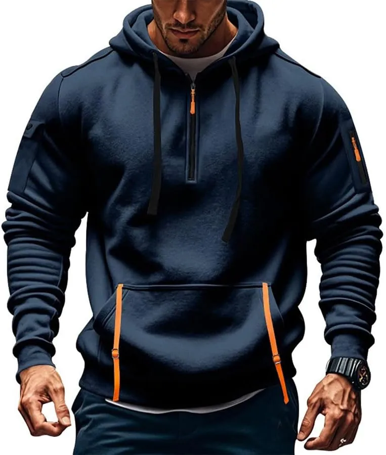 PIDOGYM Men's Sweatshirt Quarter Zip Tactical Hoodies for Men Loose Fit Casual Pullover with Multiple Pockets