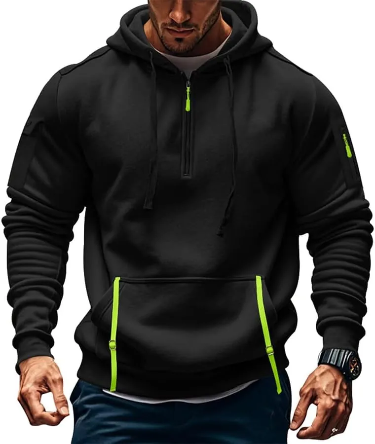 PIDOGYM Men's Sweatshirt Quarter Zip Tactical Hoodies for Men Loose Fit Casual Pullover with Multiple Pockets