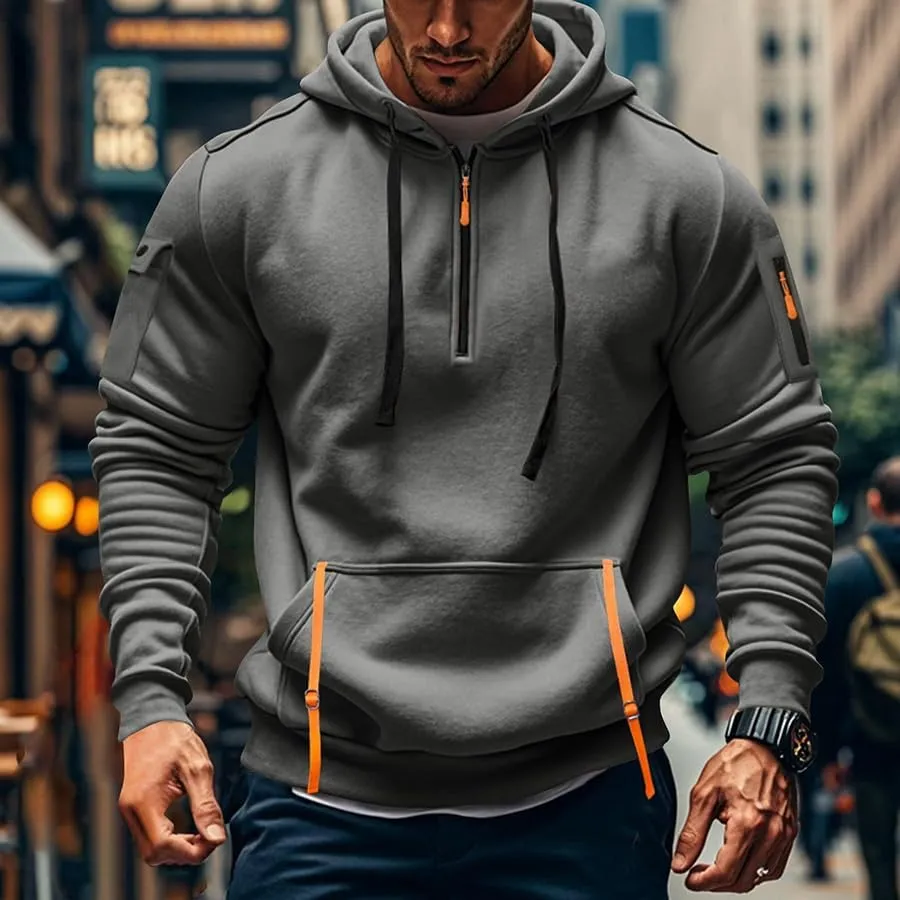 PIDOGYM Men's Sweatshirt Quarter Zip Tactical Hoodies for Men Loose Fit Casual Pullover with Multiple Pockets