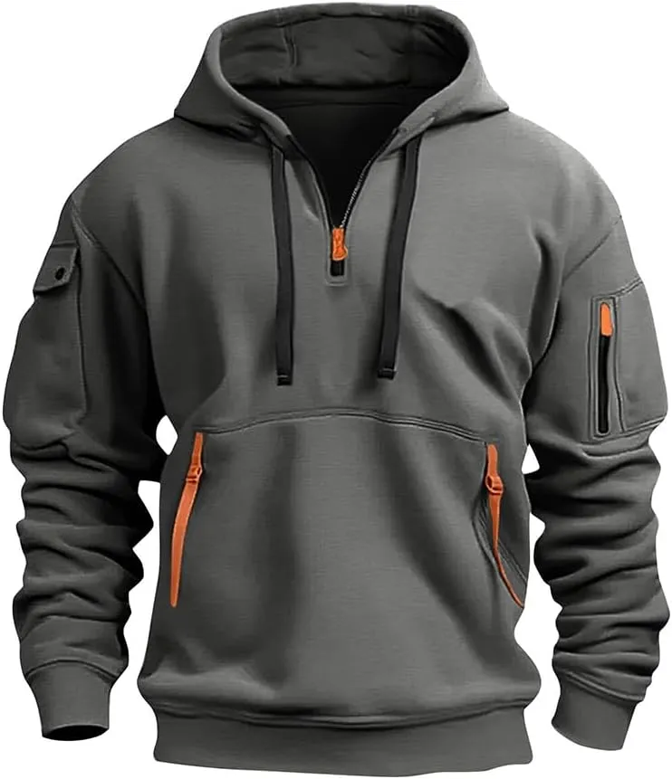 PIDOGYM Men's Sweatshirt Quarter Zip Tactical Hoodies for Men Loose Fit Casual Pullover with Multiple Pockets
