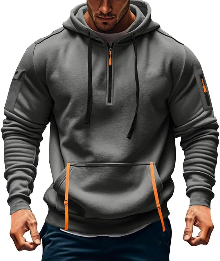 PIDOGYM Men's Sweatshirt Quarter Zip Tactical Hoodies for Men Loose Fit Casual Pullover with Multiple Pockets