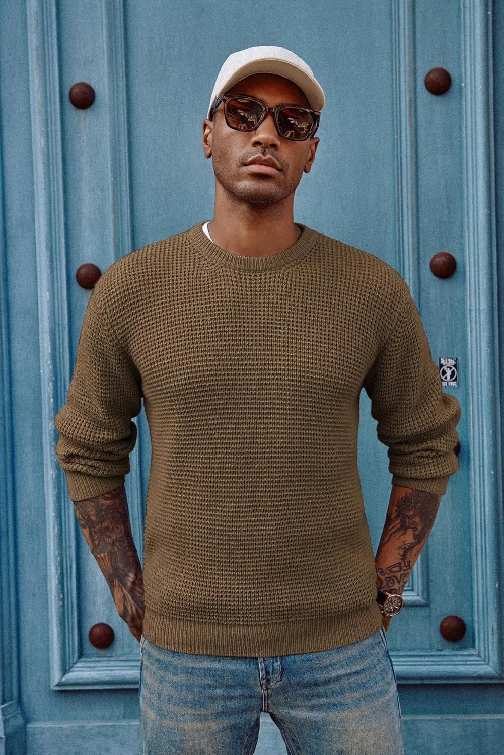 PJ PAUL JONES Mens Crewneck Pullover Sweater Waffle Textured Long Sleeve Knitted Sweaters