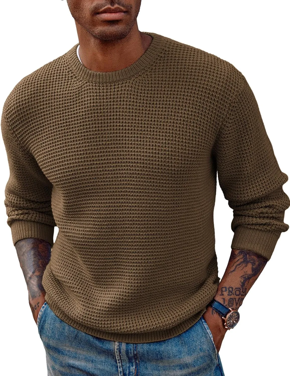 PJ PAUL JONES Mens Crewneck Pullover Sweater Waffle Textured Long Sleeve Knitted Sweaters