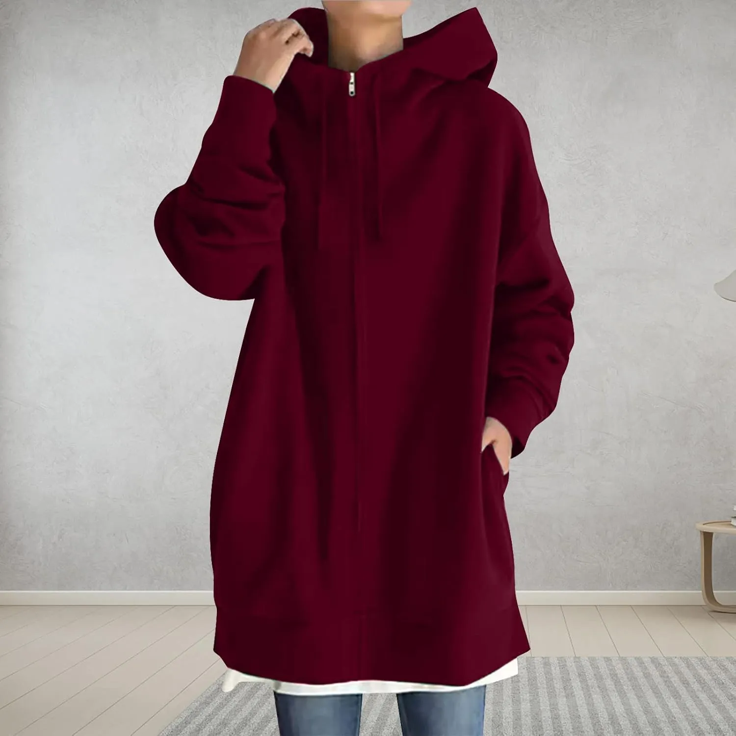 Plus Size Zip Up Hoodies For Women Casual Long Sleeve Hooded Long Sweatshirts Fall Fashion Winter Jackets With Pockets