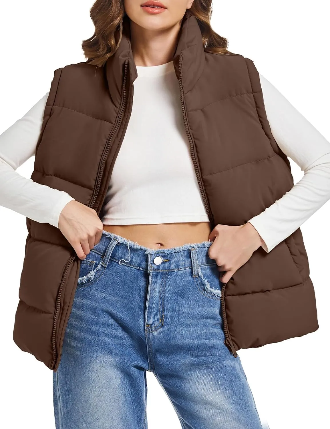 Polu Puffer Vest Women Zip Up Stand Collar Sleeveless Down Vests Oversized Padded Gilet Jacket