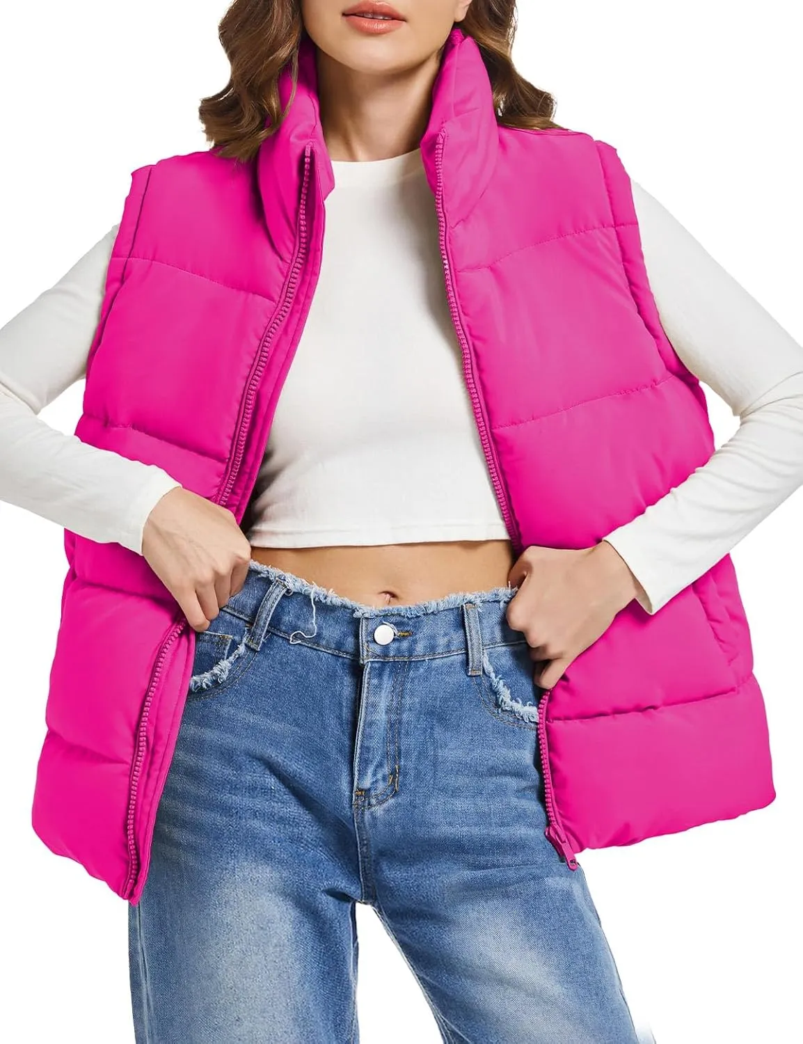 Polu Puffer Vest Women Zip Up Stand Collar Sleeveless Down Vests Oversized Padded Gilet Jacket