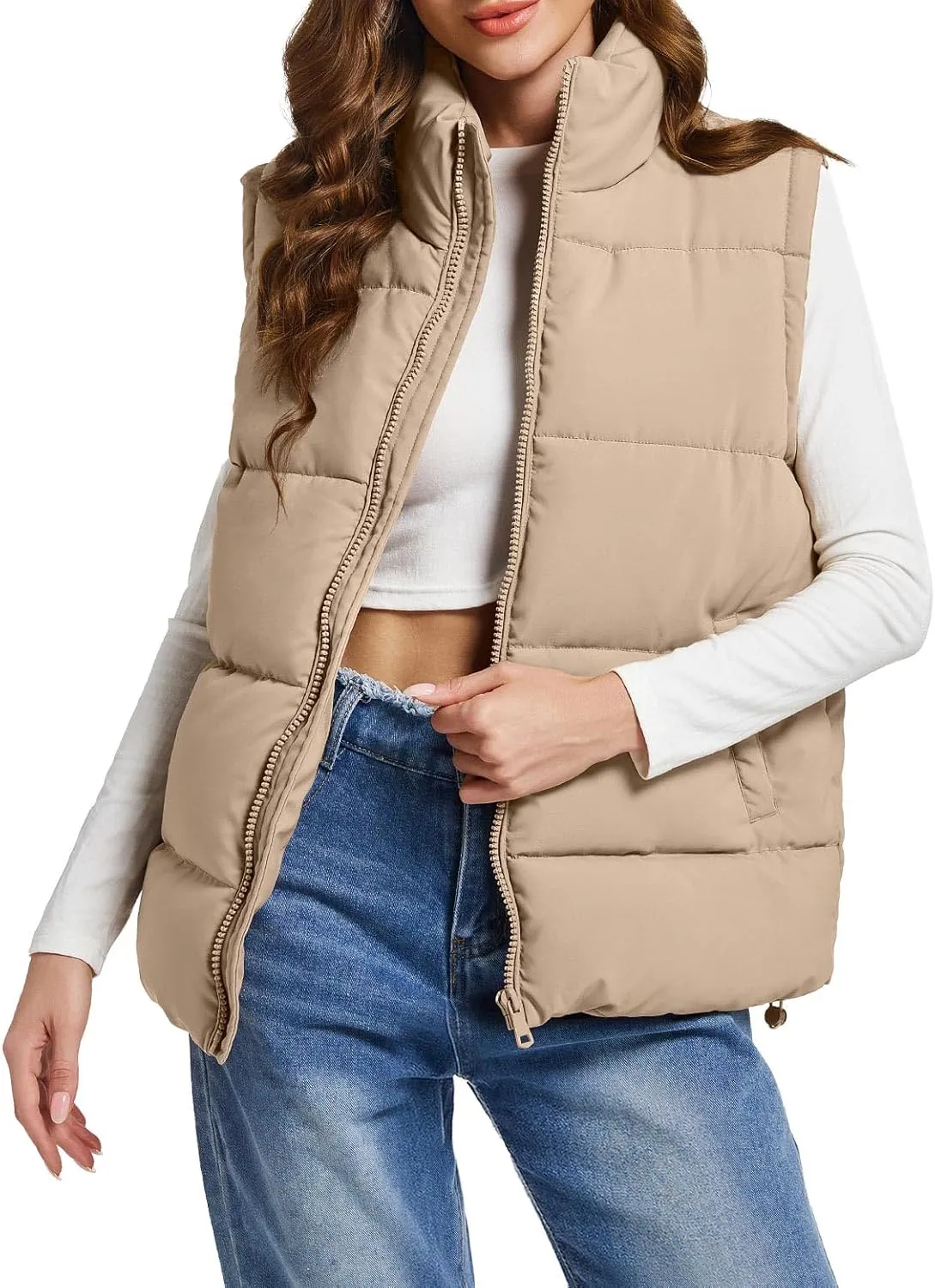 Polu Puffer Vest Women Zip Up Stand Collar Sleeveless Down Vests Oversized Padded Gilet Jacket