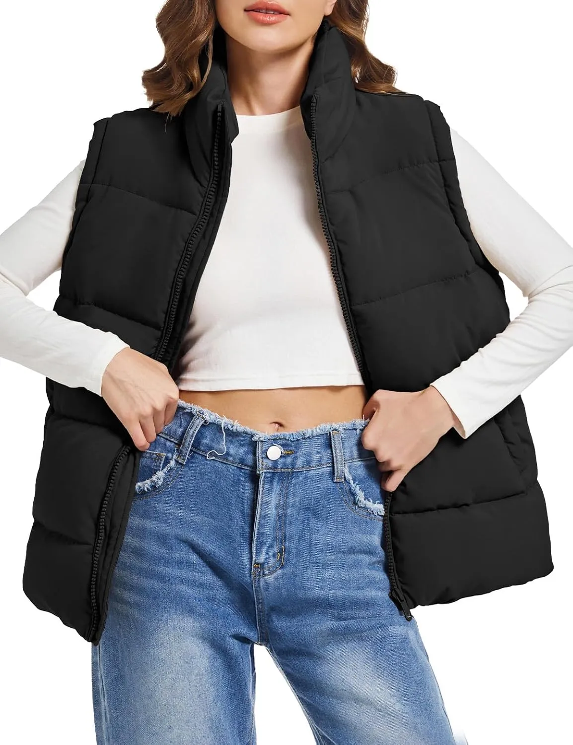 Polu Puffer Vest Women Zip Up Stand Collar Sleeveless Down Vests Oversized Padded Gilet Jacket