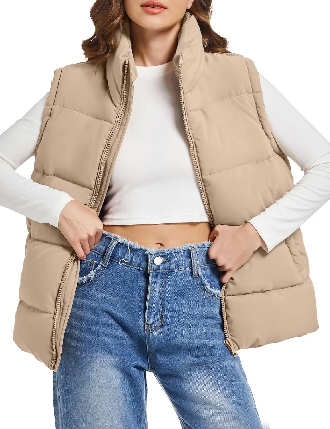 Polu Puffer Vest Women Zip Up Stand Collar Sleeveless Down Vests Oversized Padded Gilet Jacket