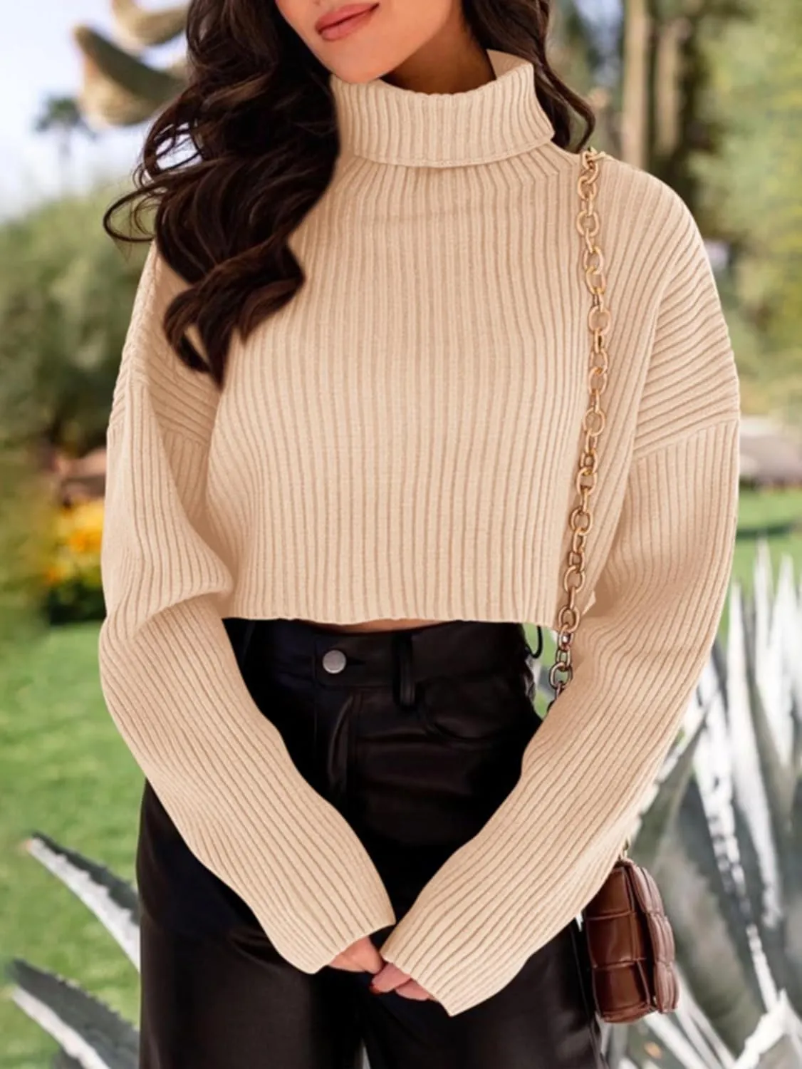 PRETTYGARDEN Women's 2025 Fall Winter Turtleneck Cropped Sweater Causal Ribbed Knit Long Sleeve Pullover Jumper Tops