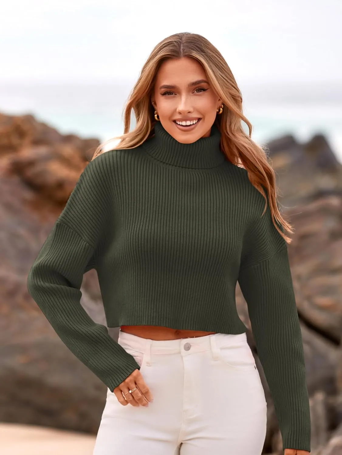 PRETTYGARDEN Women's 2025 Fall Winter Turtleneck Cropped Sweater Causal Ribbed Knit Long Sleeve Pullover Jumper Tops