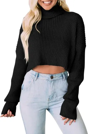 PRETTYGARDEN Women's 2025 Fall Winter Turtleneck Cropped Sweater Causal Ribbed Knit Long Sleeve Pullover Jumper Tops
