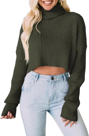 PRETTYGARDEN Women's 2025 Fall Winter Turtleneck Cropped Sweater Causal Ribbed Knit Long Sleeve Pullover Jumper Tops