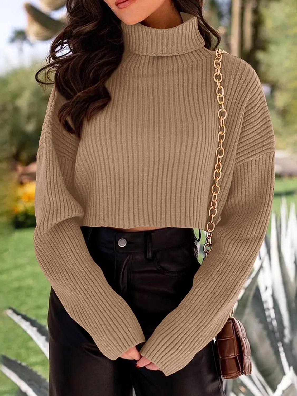 PRETTYGARDEN Women's 2025 Fall Winter Turtleneck Cropped Sweater Causal Ribbed Knit Long Sleeve Pullover Jumper Tops