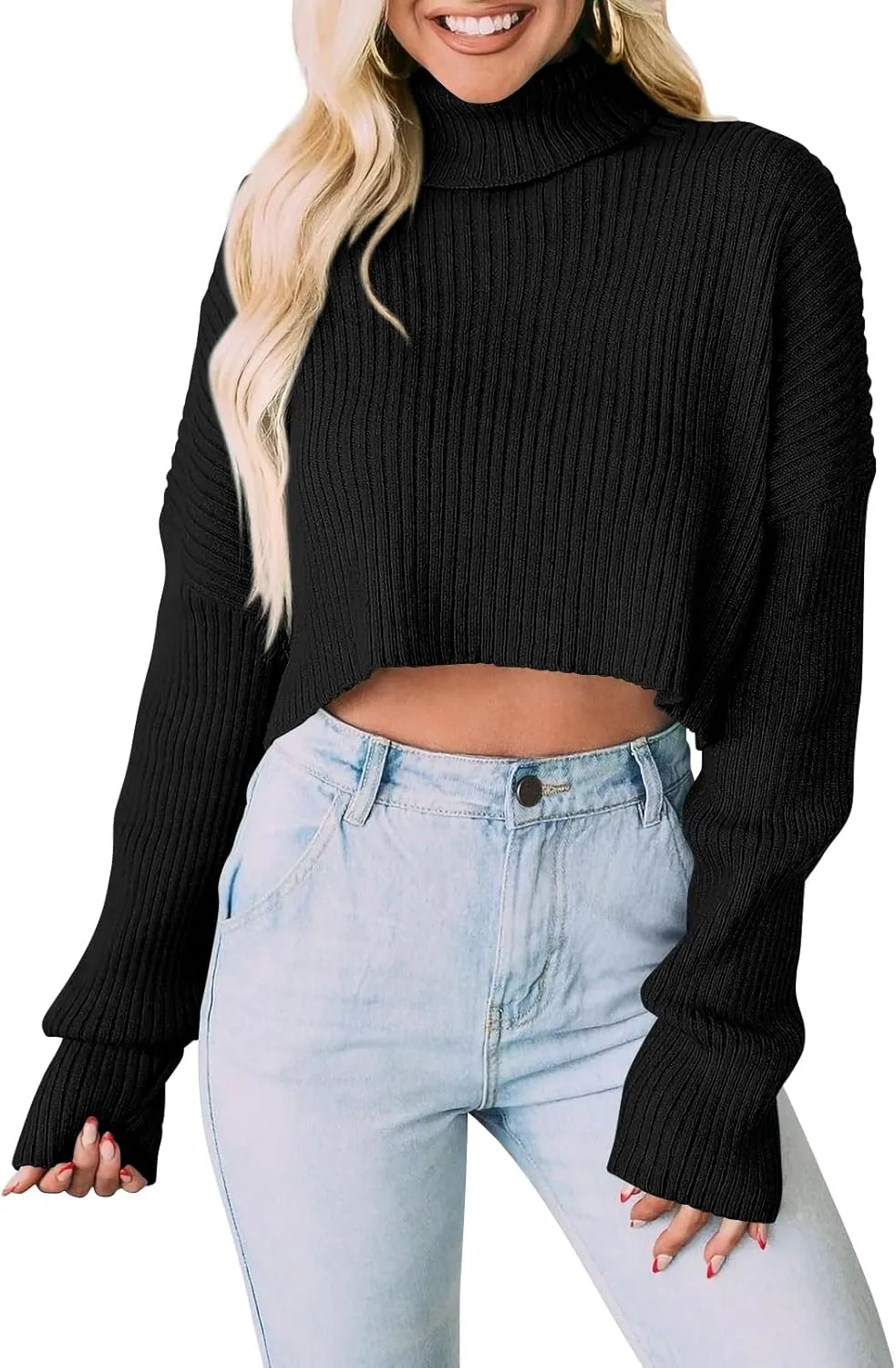 PRETTYGARDEN Women's 2025 Fall Winter Turtleneck Cropped Sweater Causal Ribbed Knit Long Sleeve Pullover Jumper Tops