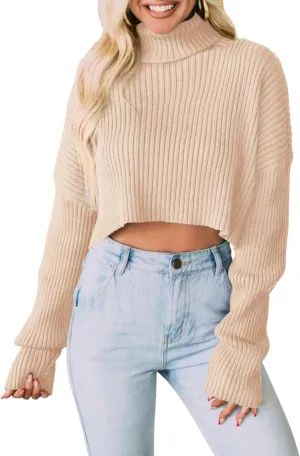 PRETTYGARDEN Women's 2025 Fall Winter Turtleneck Cropped Sweater Causal Ribbed Knit Long Sleeve Pullover Jumper Tops