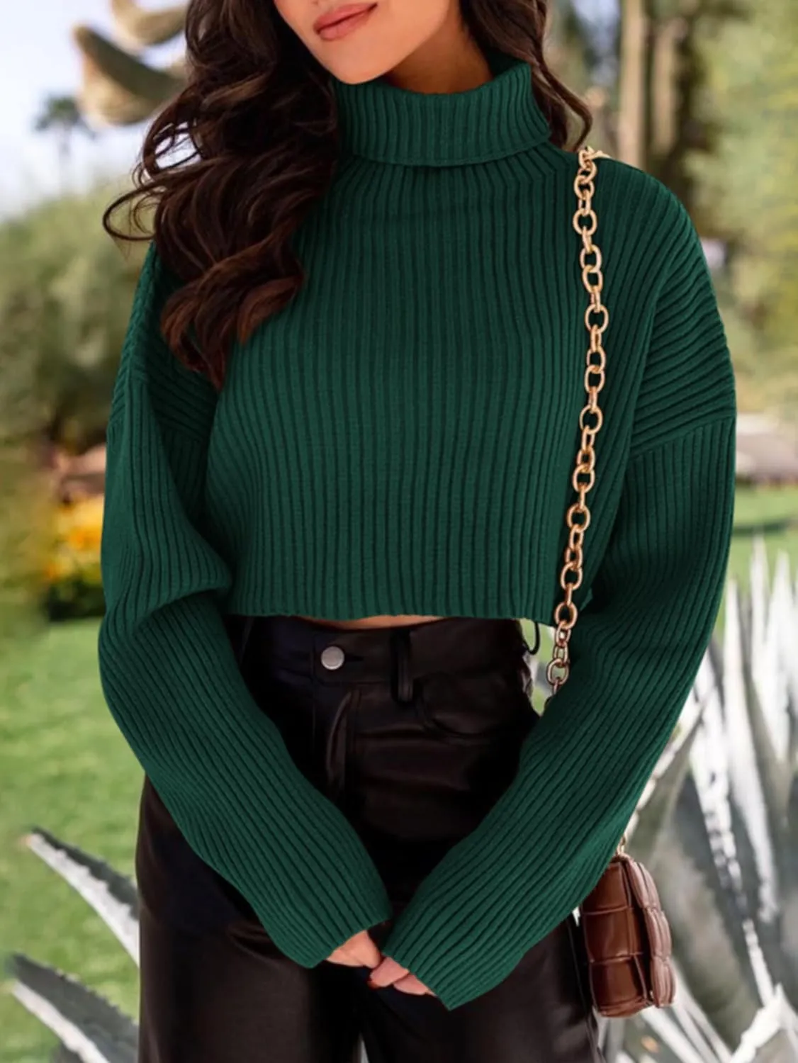 PRETTYGARDEN Women's 2025 Fall Winter Turtleneck Cropped Sweater Causal Ribbed Knit Long Sleeve Pullover Jumper Tops